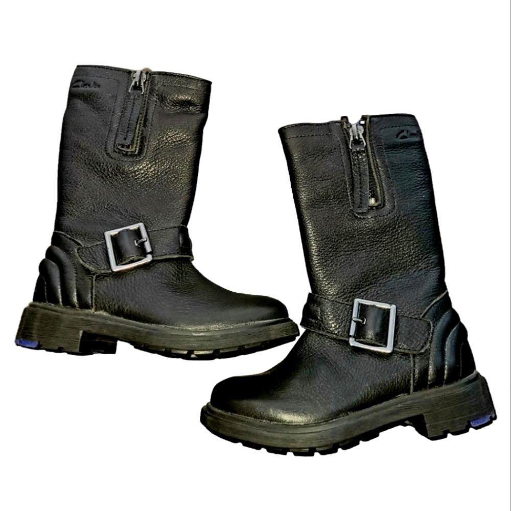 Clarks Black Leather Kids Girls Moto Boots size 7.5 Kids NWT NEW